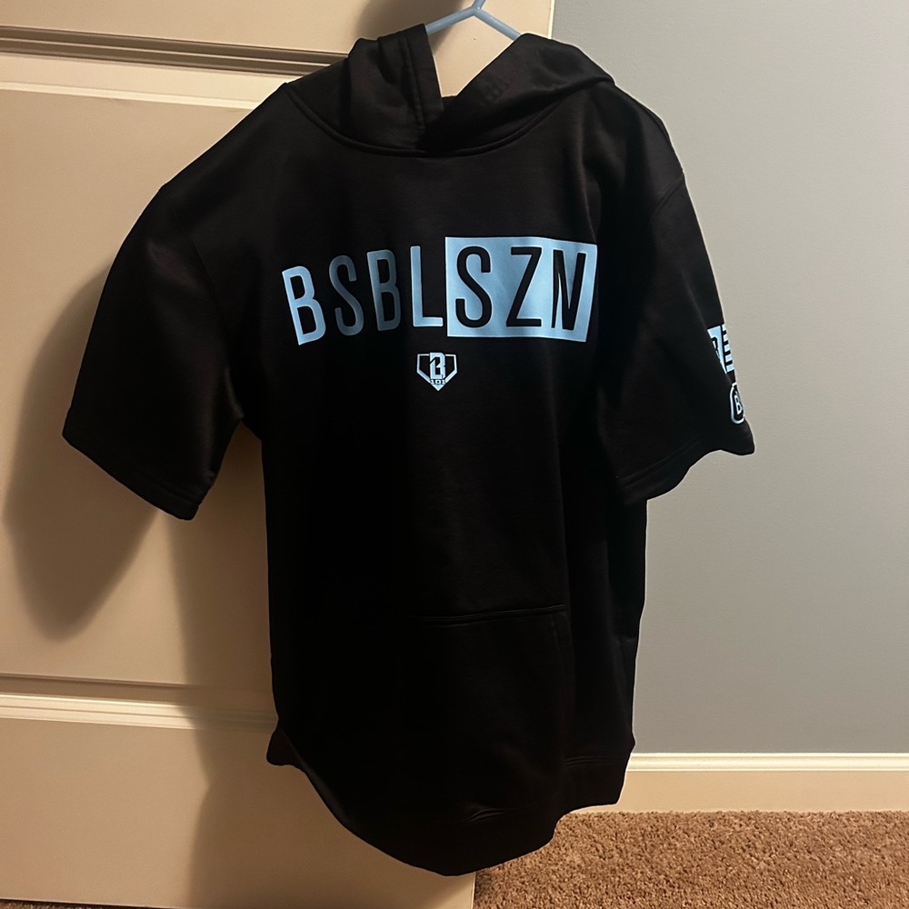 Baseball Lifestyle Short Sleeve Black Hoodie with Blue Lettering